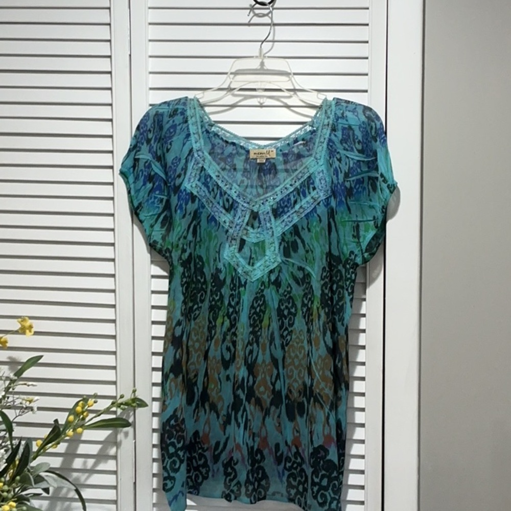 Blue and Green Patterned Blouse